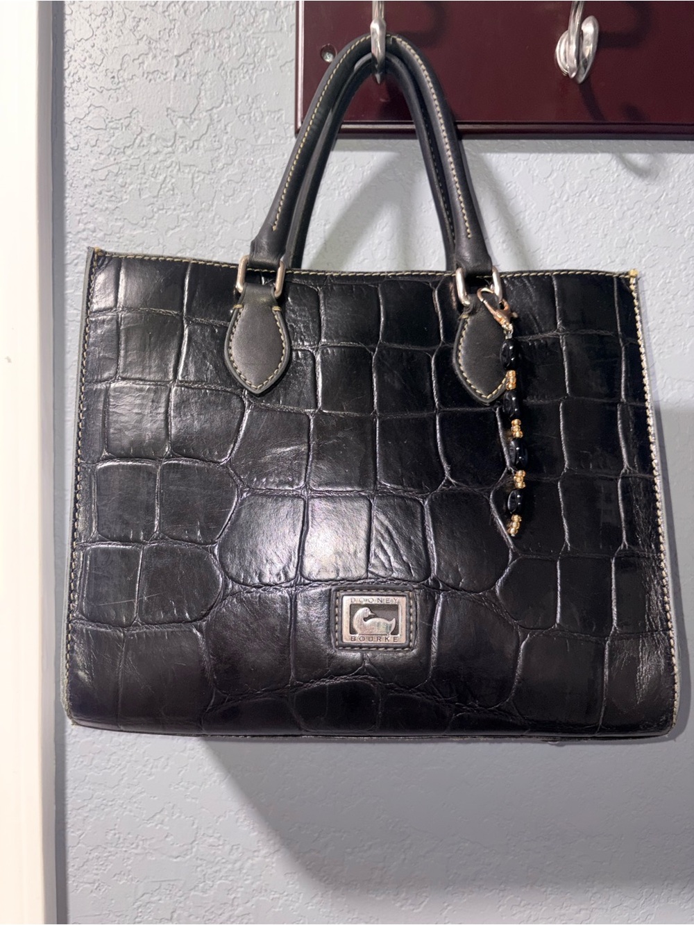 Dooney & Bourke Black Croc-Embossed Leather Satchel with Bead Charm